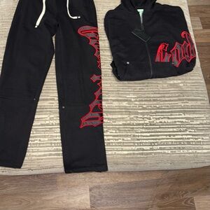 Black Hoodie and Sweatpants Set with Red Gothic Script